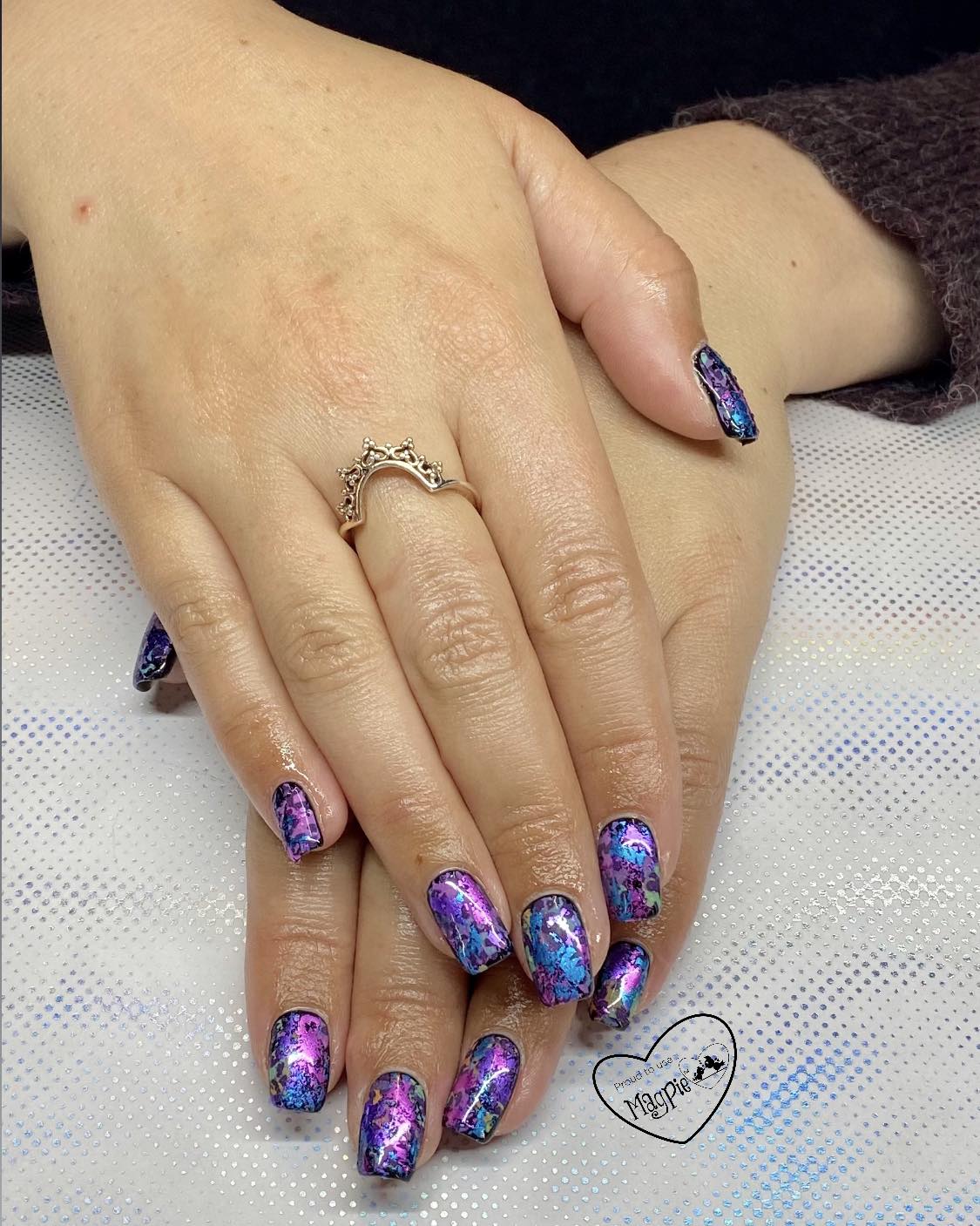 Galaxy purple and blue foil gel nails by Skyhawk Beauty