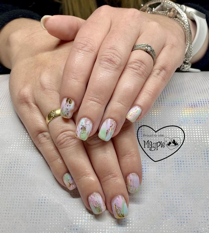 Pastel watercolour nails with gold flakes